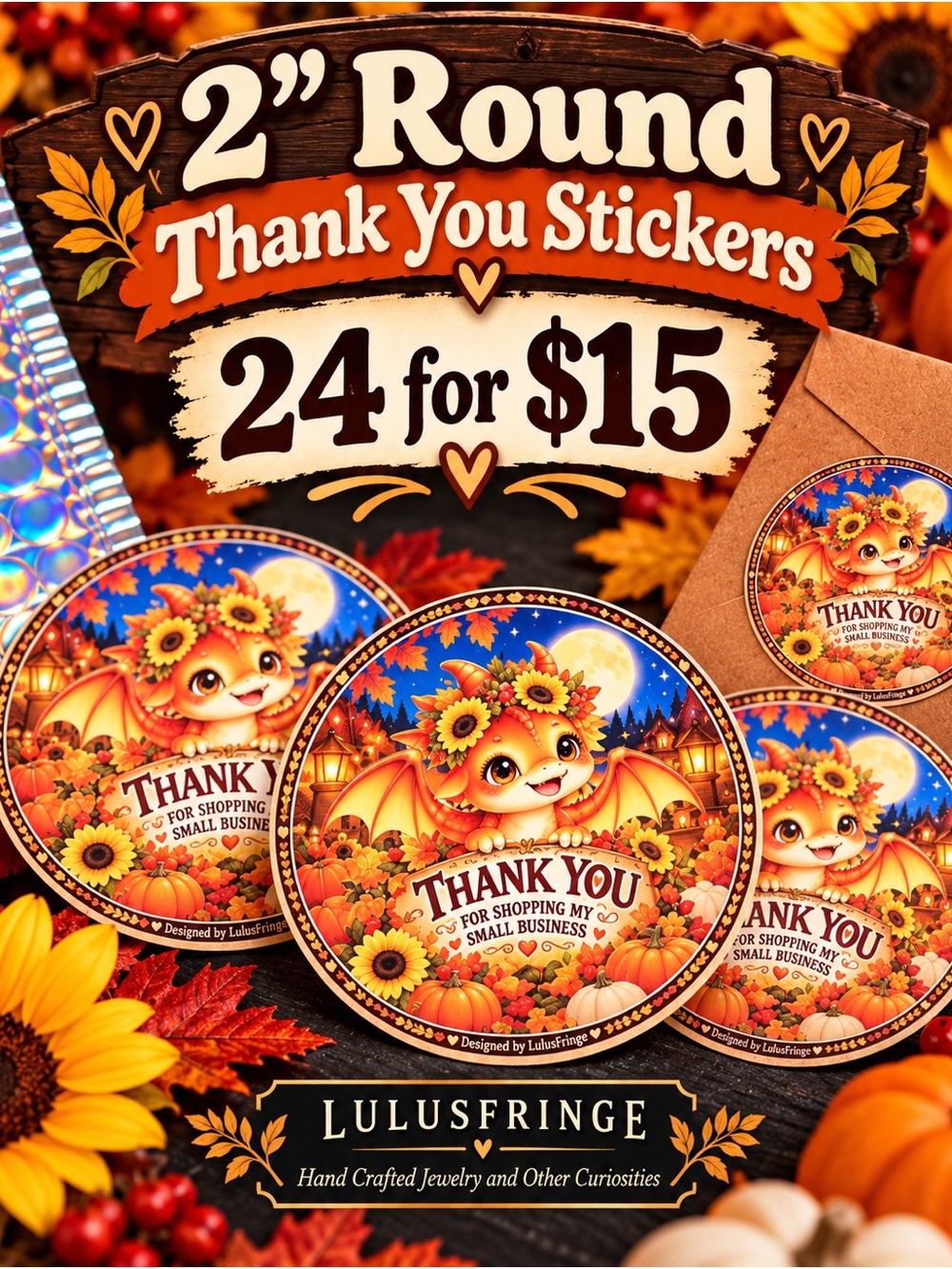 24/$15 Artisan Autumn Baby Dragon Thank You Stickers - 2" Round